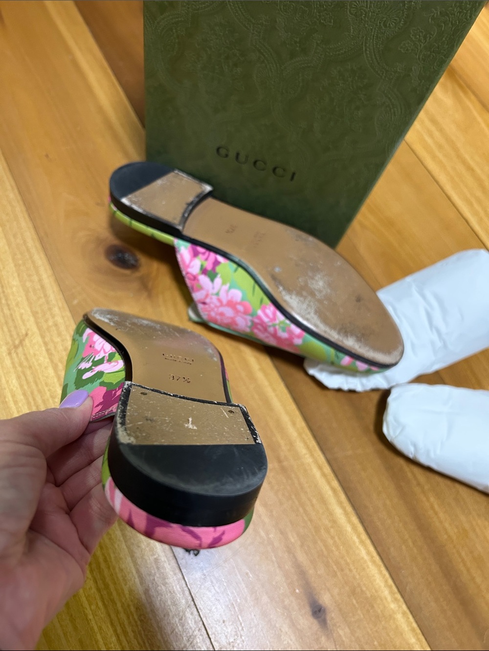 Gucci Green Floral Leather Horsebit Loafers - Picture 6 of 12